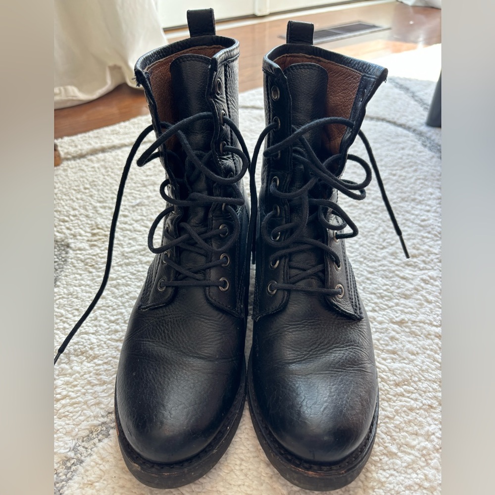 Frye Black Leather Combat Boots